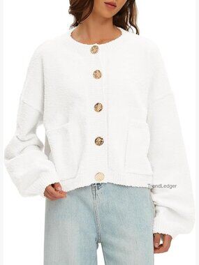 Fuzzy Knit Cardigan Sweater Long Sleeve Button Up Casual Warm Jacket